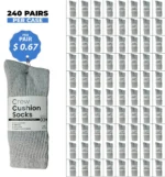 240 PAIRS CREW CUSHION SOCKS GREY (MS-019) SIZE (10-13)