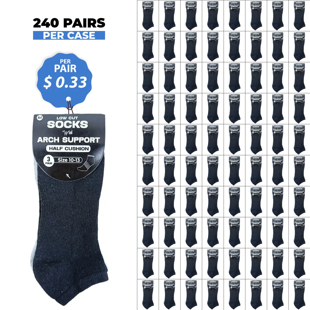 LOW-CUT-ASSORTED-2-HALF-CUSHION-SOCKS 240 PAIRS LOW CUT SOCKS ARCH SUPPORT (ECRU+CHARCOL+NAVY) (MS-029) SIZE (10-13) - Image 1